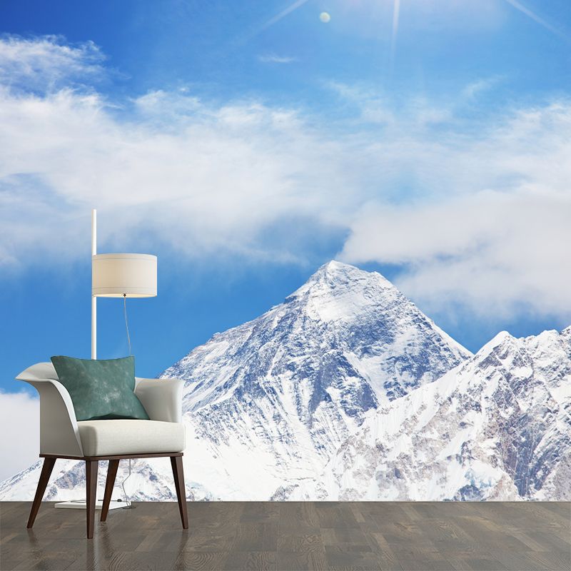 Sun Above Snowy Peak Mural in Blue-White Modernism Wall Art for Living Room, Non-Woven