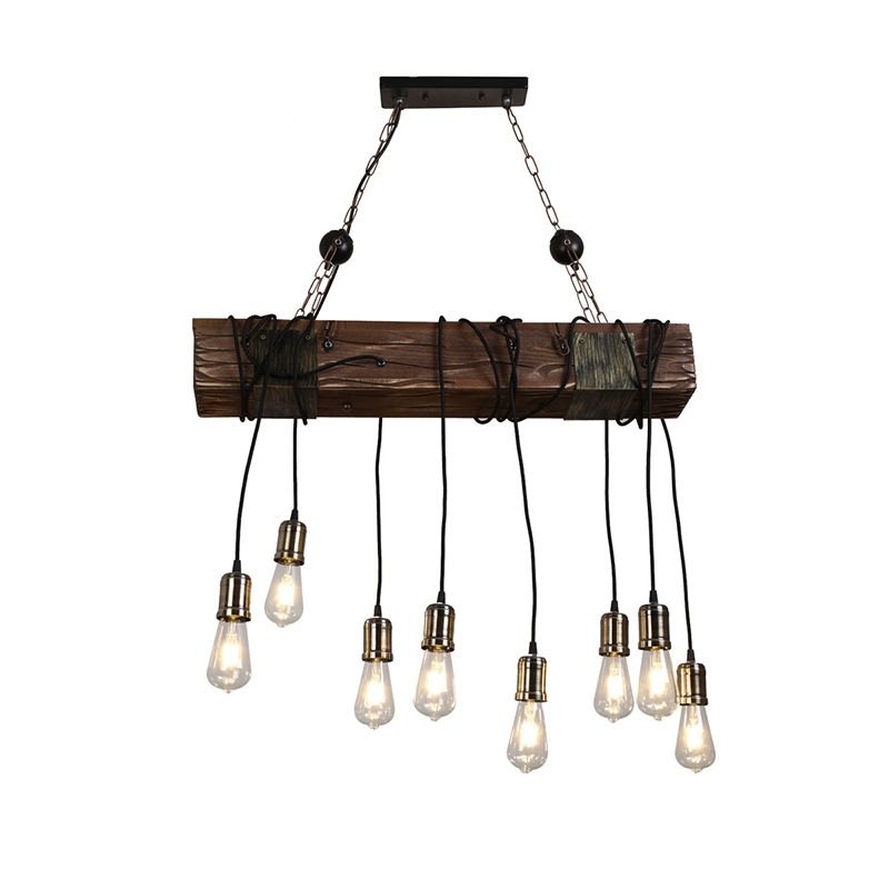 Linear Island Lighting Industrial Gold Finish Wood Pendant Light Fixture with Open Bulb Design
