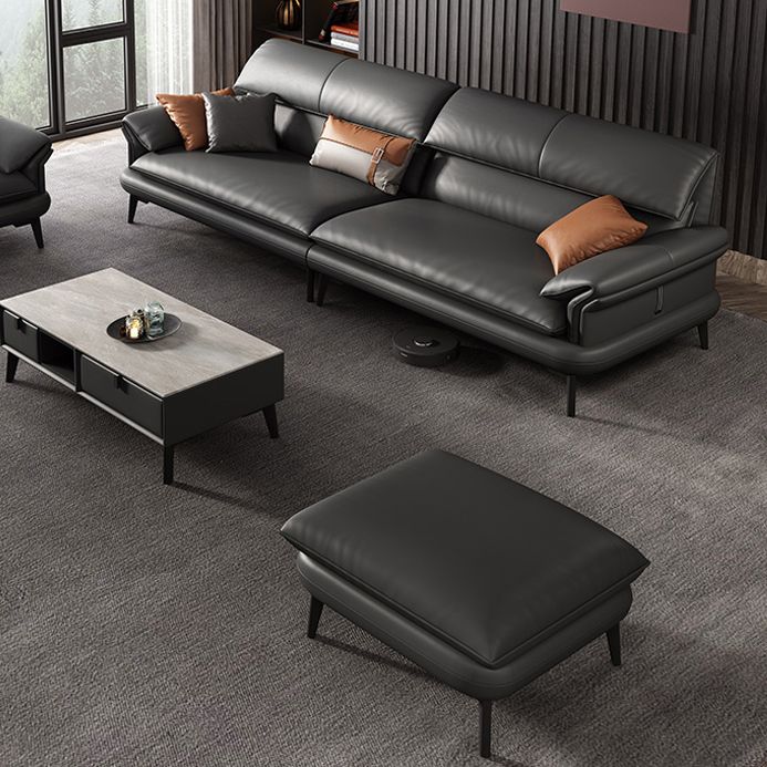 Scandinavian Sofa Genuine Leather Dark Gray Cushions Pillow Top Arm Seating