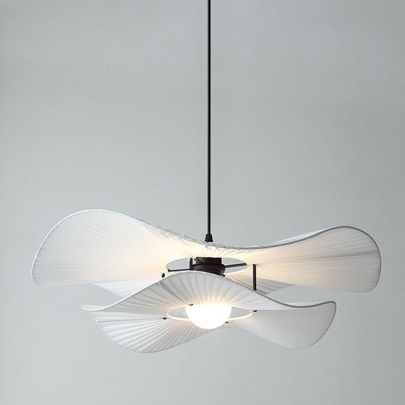 White Ruffled Suspension Lamp Minimalism 1 Bulb Fabric Pendant Light Fixture for Bedroom