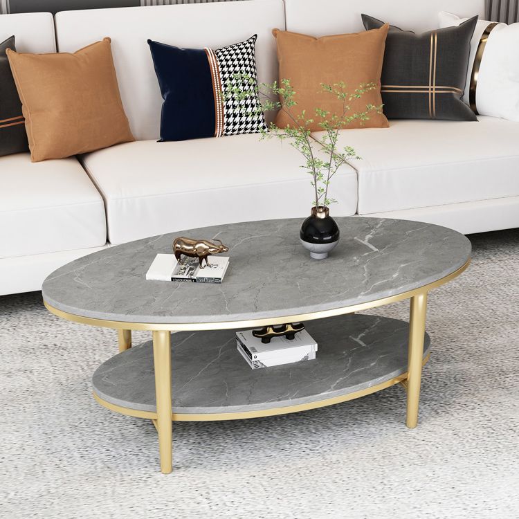 Glam Iron 4 Legs Cocktail Table with Shelf Oval Slate Top Coffee Table
