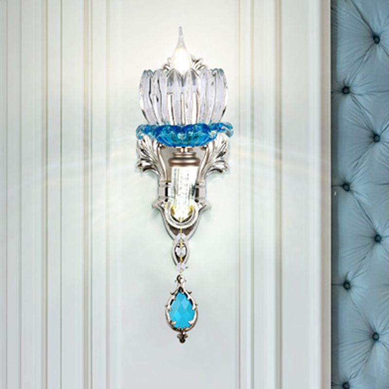 1/2-Head Lotus Wall Light Fixture Retro Blue and Clear Glass Sconce Lighting for Dining Room