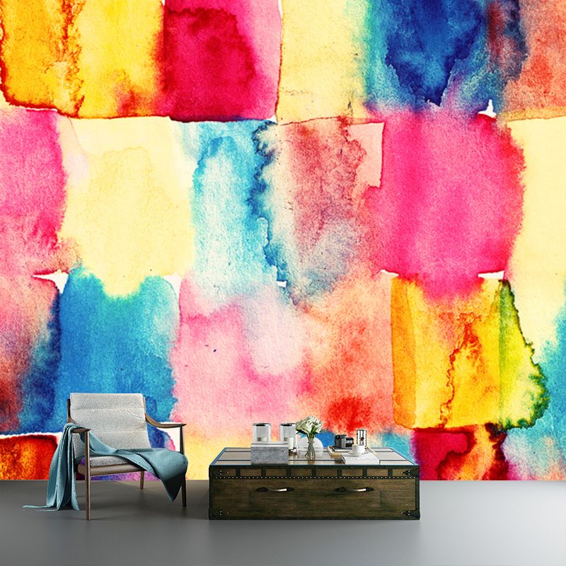 Hand Print Watercolor Mural Wallpaper Artistry Smooth Wall Decor in Orange, Custom Size