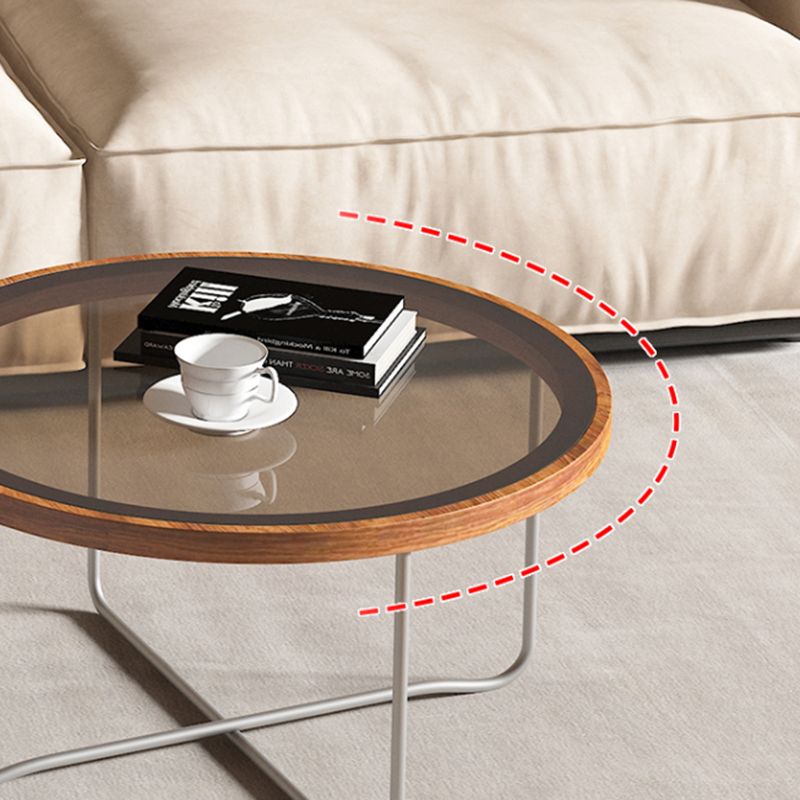 Round Glass Top Coffee Table Set Frame Cocktail Table with Wood Accent