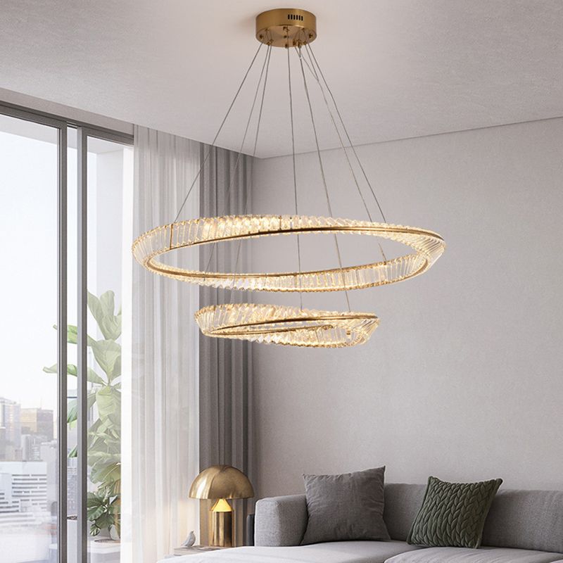 Modern Luxury LED Pendant Light Wrought Iron Circular Hanging Lamp with Crystal Shade