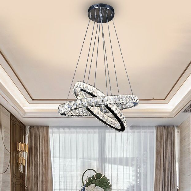 2-Tier Circular Carousel LED Pendant Lamp Modern Minimalist Prismatic Crystal Living Room Hanging Ceiling Light