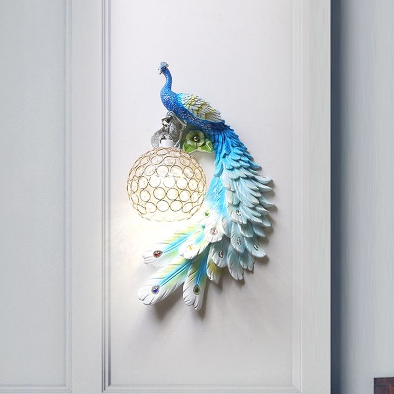 Peacock Wall Sconce Art Decor Resin 1-Light Living Room Wall Lamp with Spherical Crystal Shade