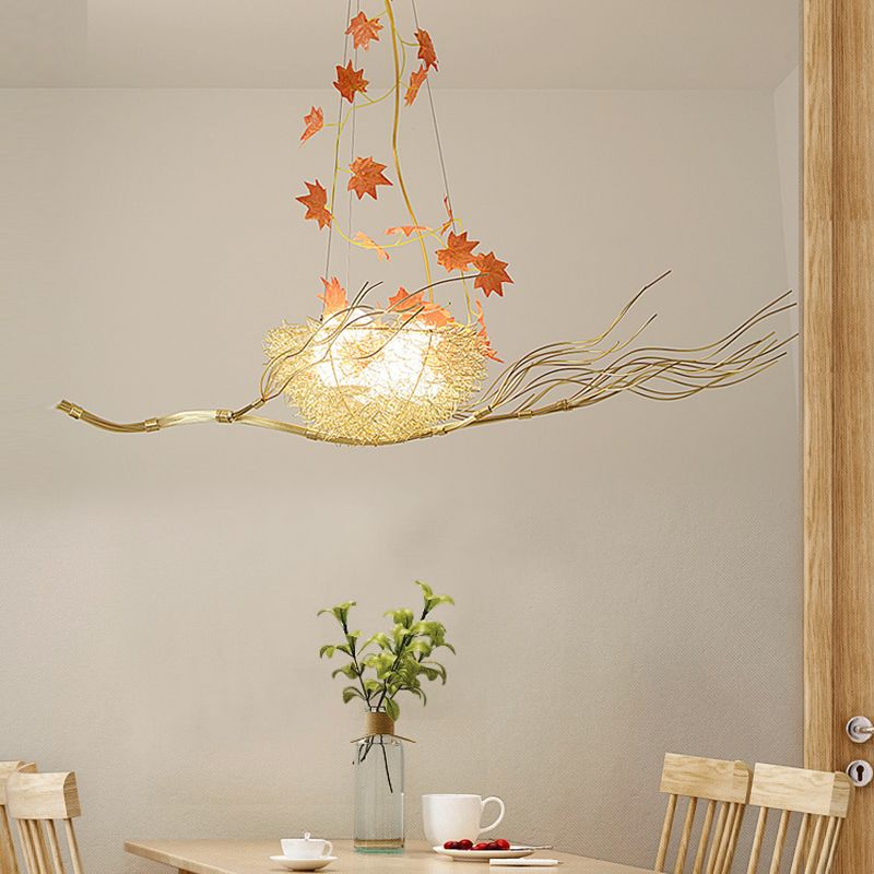 47" W White Glass Ball Chandelier Art Decorative 3-Light Hanging Light Fixture in Gold with Nest and Maple Leaves
