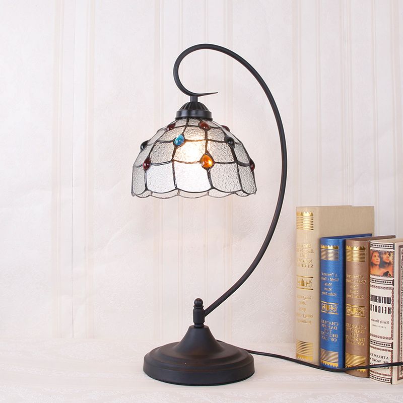 Beige/White and Silver Glass Black Night Lamp Lattice Bowl 1 Head Victorian Nightstand Light with Curvy Arm
