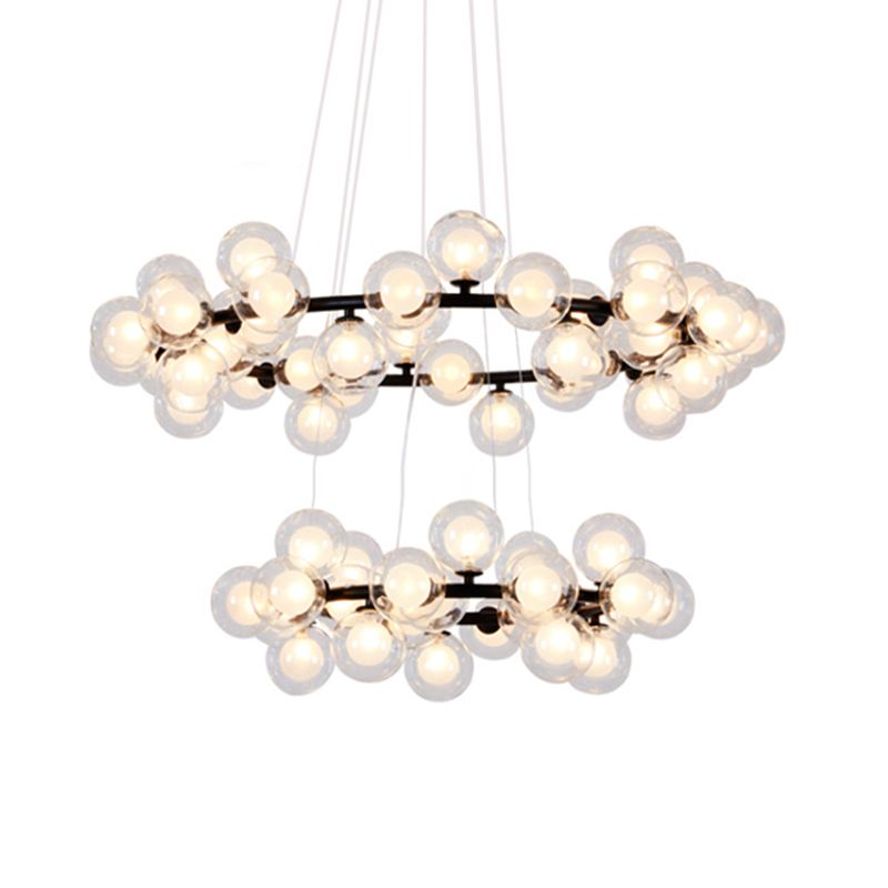 Lámpara de araña de burbujas Lámpara de vidrio transparente contemporáneo 2/3 niveles Lámpara de colgación de acabado negro con anillo de metal para sala de estar