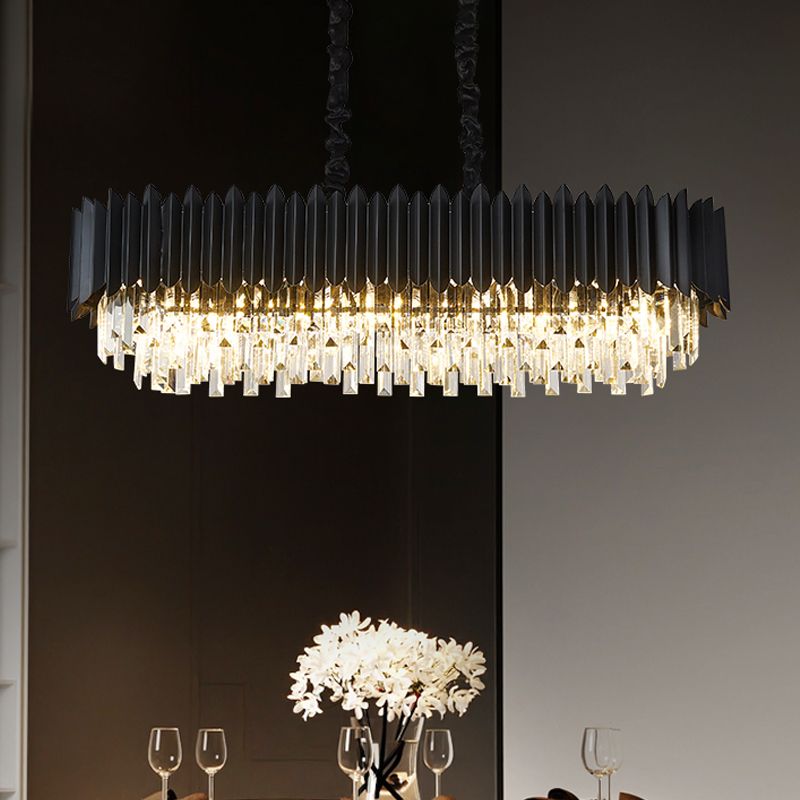 Contemporary 6-Bulb Island Lamp Fixture with Crystal Prisms Shade Black Rectangle Pendant