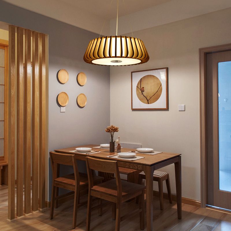 Japanese Bamboo Pendant Light Fixture 1-Light Drum Beige Hanging Ceiling Light