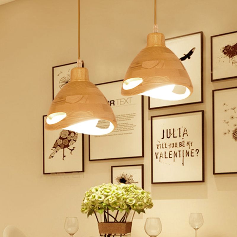 Zeitgenössischer 1 Head Pendant Lighting Beige Flared Hanging Leuchte mit Holzschatten