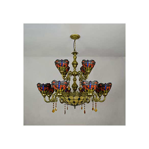 13 Lights Dome-Shaped Hanging Lamp Tiffany Style Stained Glass Dragonfly and Jewel Inverted Chandelier for Living Room