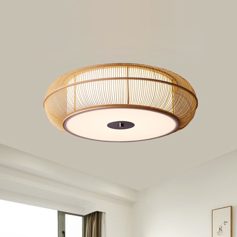 Lámpara de techo empotrada redonda de bambú, estilo asiático, 3/4 luces, accesorio de montaje en techo negro/madera para dormitorio, 18 "/22" de diámetro