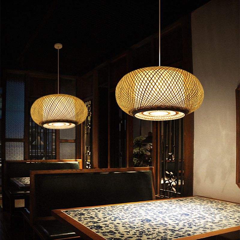Asia Drum Pendant Light 1-Light Beige Hanging Ceiling Light for Dining Room