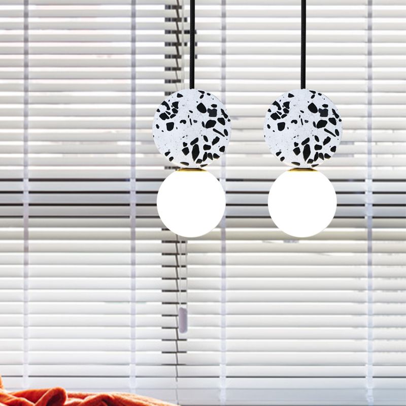 Black Round Ceiling Light Modern 1 Light Marble LED Pendant Lamp with Modo White Glass Shade