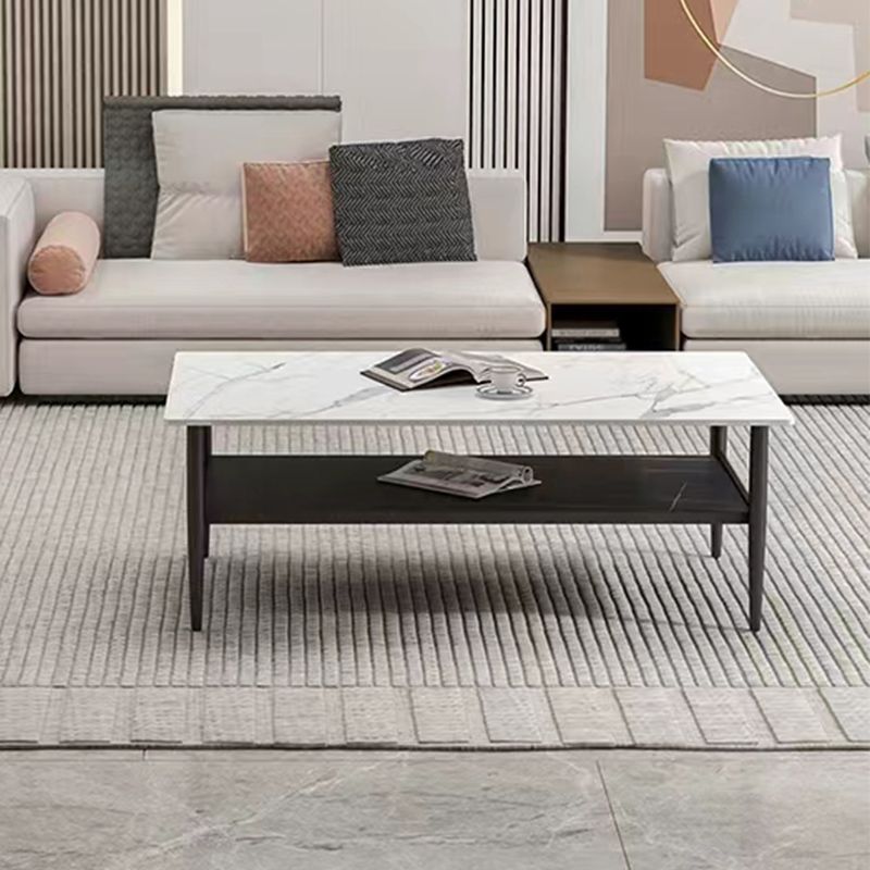17.7" H Rectangle Slate Coffee Table Iron 4 Legs Cocktail Table with Shelf