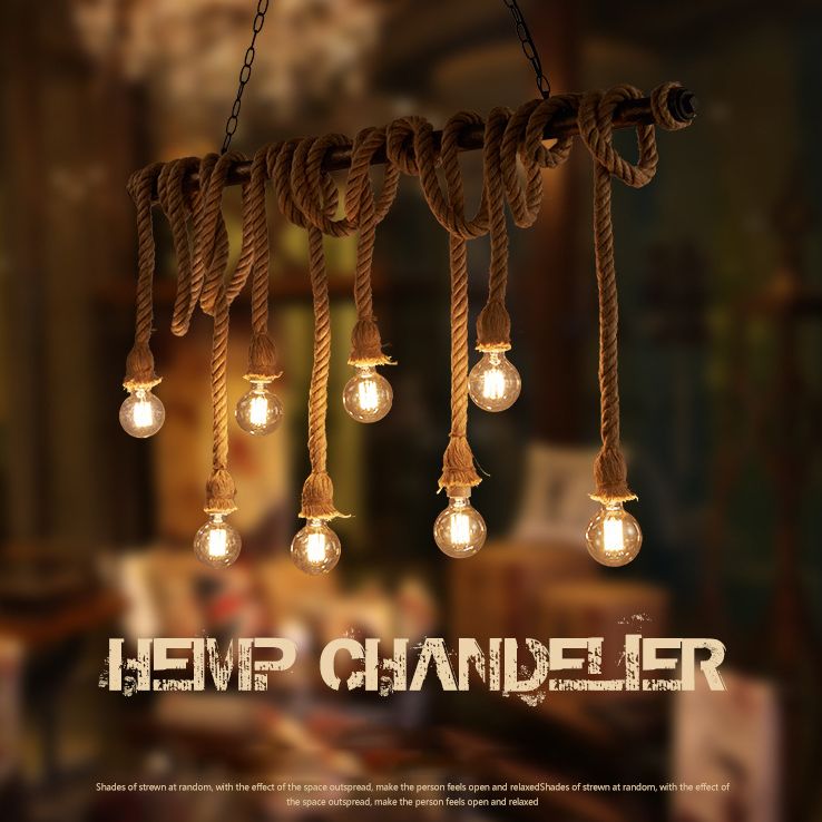 Vintage Hemp Rope Chandelier Industrial Retro Linear Exposed Bulb Pipe Pendant for Restaurant