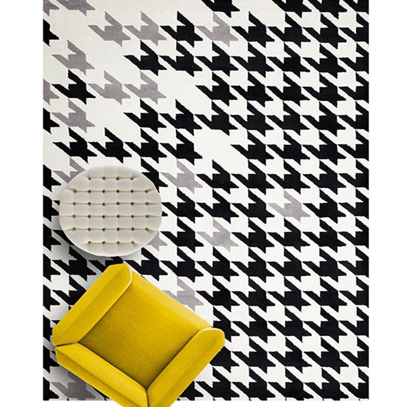 Modernist Houndstooth Pattern Rug White and Black Polyester Rug Non-Slip Pet Friendly Washable Are Rug for Bedroom