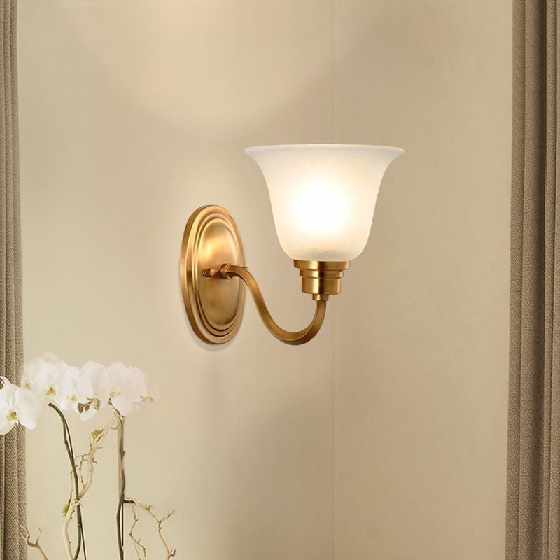 1 Head Frost Glass Wall Lighting Vintage Gold Flared Shape Bedside Wall Mounted Light Fixture