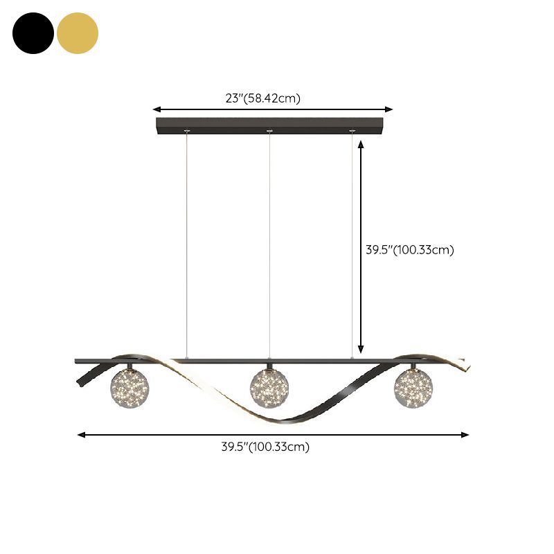 Modern LED Linear Ceiling Pendant in Black / Gold Metal and Glass Kitchen Island Light