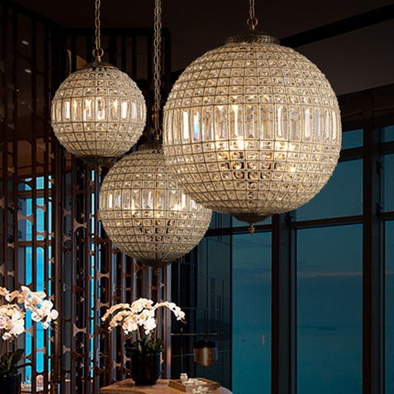 French Country Globe Pendant Chandelier Crystal-Encrusted Suspension Lamp in Brass