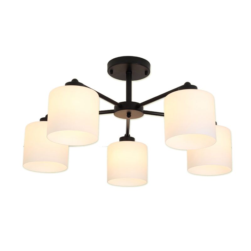 Cylinder Shaped Bedroom Ceiling Lighting Rustic Opal Glass Black Finish Chandelier Light