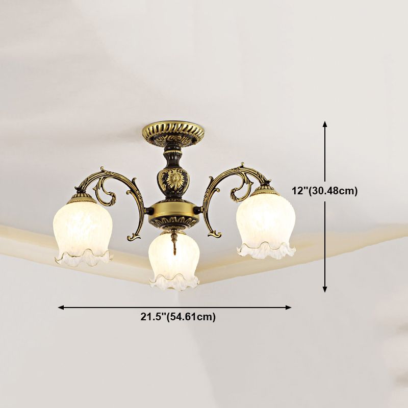 Lámpara semi rascilla de múltiples cabezas iluminación de techo de dormitorio tradicional con sombra de vidrio de flores