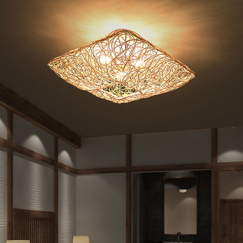Rattan Square Ceiling Flush Mount Light Minimalist 3-Light Wood Flush Light for Bedroom