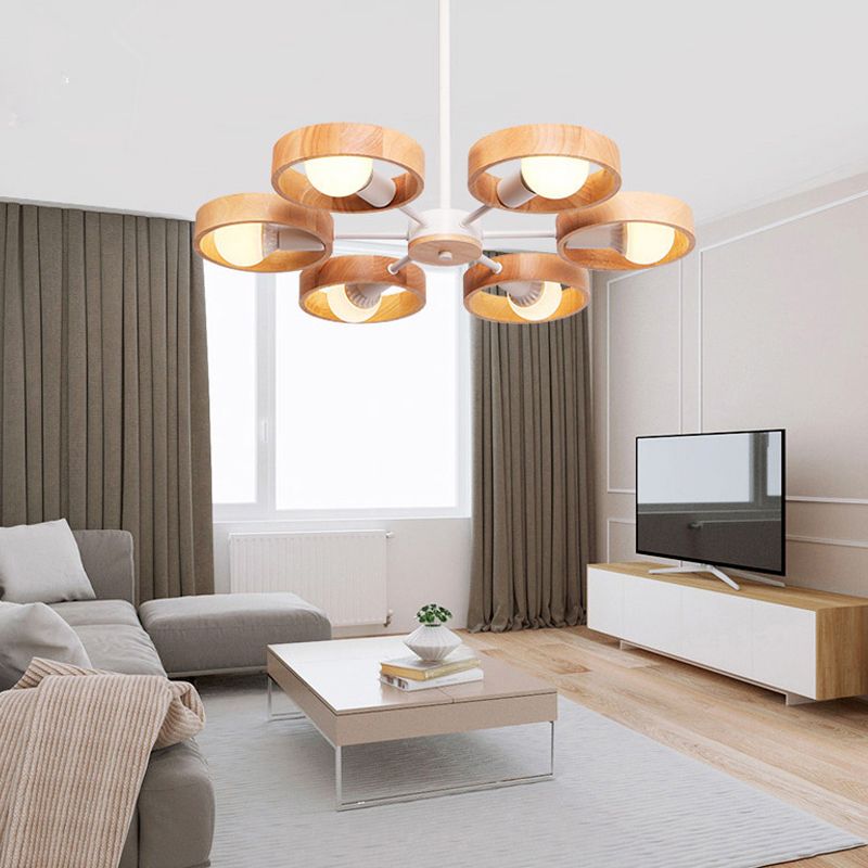 Radial Wood Chandelier Lighting Fixture Simple Style 6 Lights White Ceiling Pendant Light