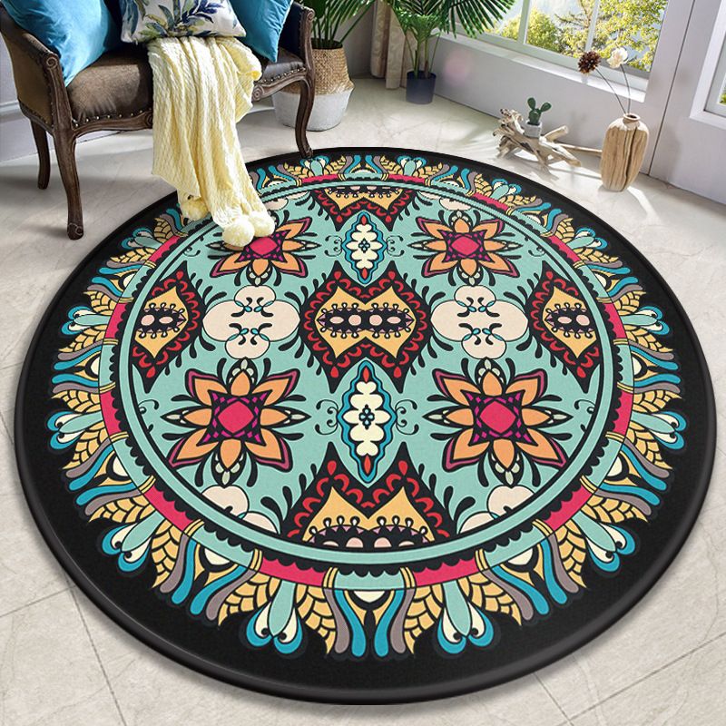 Colorful Mandala Rug Polyester Turkish Indoor Rug Anti-Slip Backing Machine Washable Pet Friendly Carpet for Sitting Room