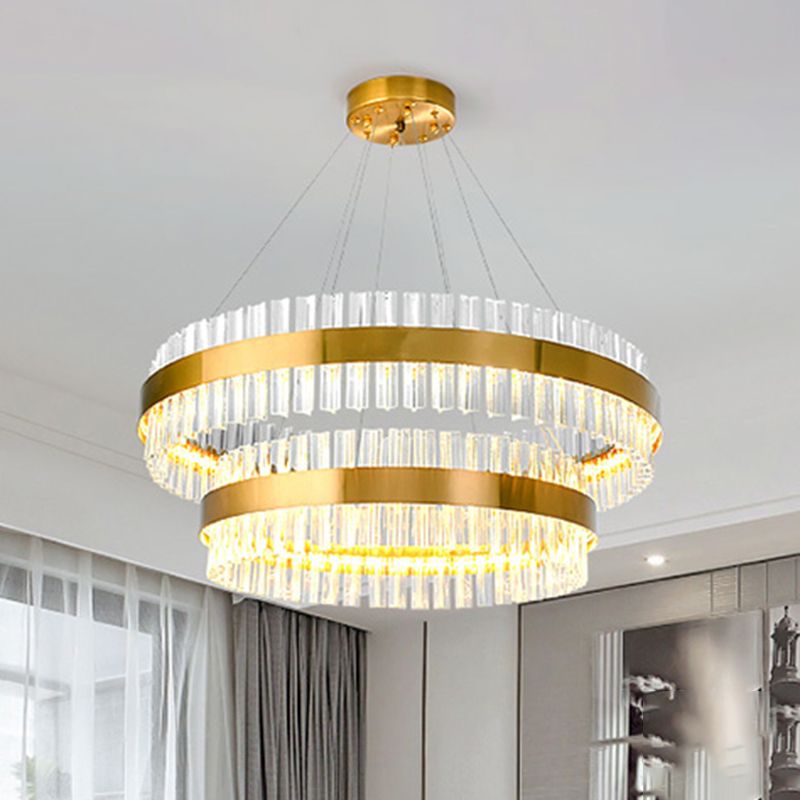 2 Tiers Living Room Hanging Lamp Three Side Crystal Rod Postmodern 23.5"/31.5" Wide LED Hanging Light in Gold
