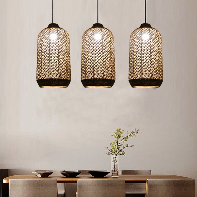 1 Light Dining Room Drop Pendant Chinese Style Beige Hanging Lamp Fixture with Woven Lantern Bamboo Shade