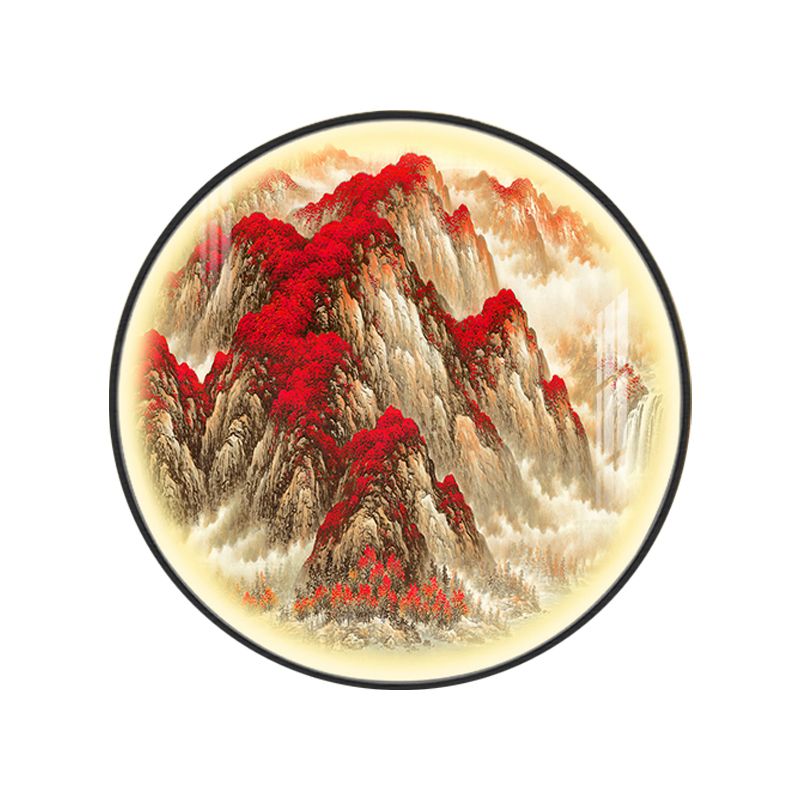 Red Circular Mountain Patterned Wall Lamp Oriental Style LED Metallic Mural Light for Guest Room