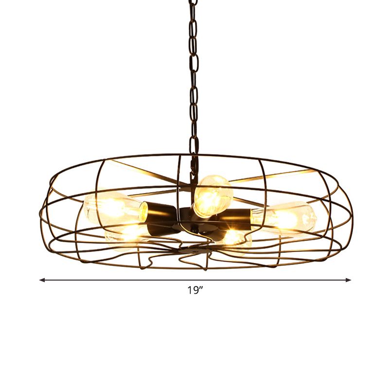 Round Caged Restaurant Ceiling Pendant Industrial Iron 5-Bulb 19"/21.5" W Black Chandelier Lamp