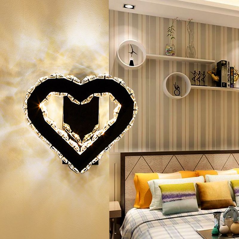 LED Loving Heart Wall Hanging Light Modernism Black Faceted Crystal Wall Lighting Ideas for Bedroom