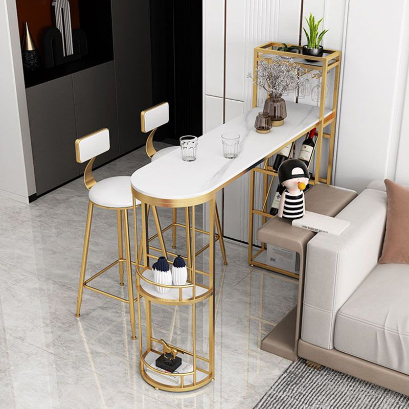 Stone Indoor Glam Bar Dining Table Iron Double Pedestal Bistro Table with Wine Rack