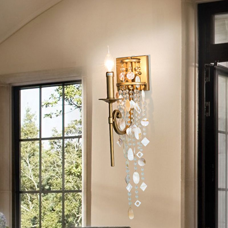 Metal Candlestick Wall Sconce Light Traditional 1 Bulb Bedroom Wall Lighting in Gold with Crystal Accent