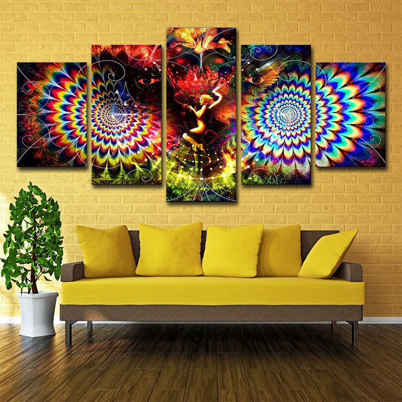 Kaleidoscope Wall Art Print Bohemian Angel and Owl Canvas in Red for Living Room