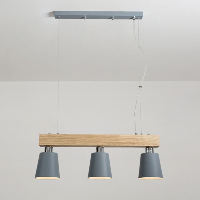 Linear Wooden Island Light Fixture Nordic Suspension Light with Tapered Metal Shade