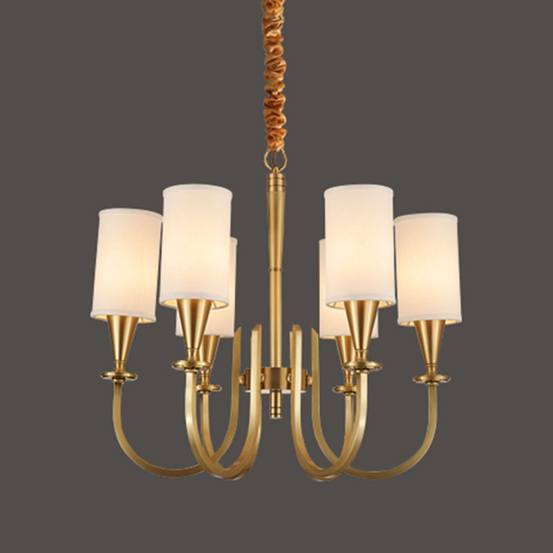 American Rustic Style Copper Chandelier Multi-lights Cylindrical Fabric Shade Hanging Light in Gold
