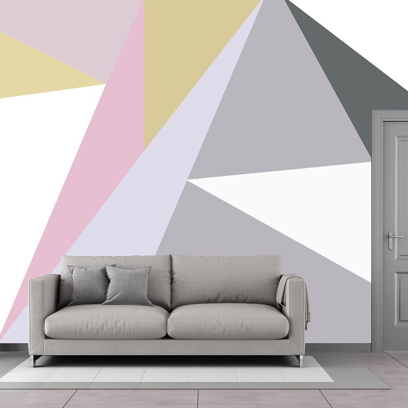 Geometric Triangle Wallpaper Murals Contemporary Non-Woven Wall Decor in Grey-Pink-Yellow