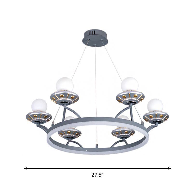 Round Metal Hanging Light Kids 6 Lights Silver Chandelier Lamp with Sphere White Glass Shade