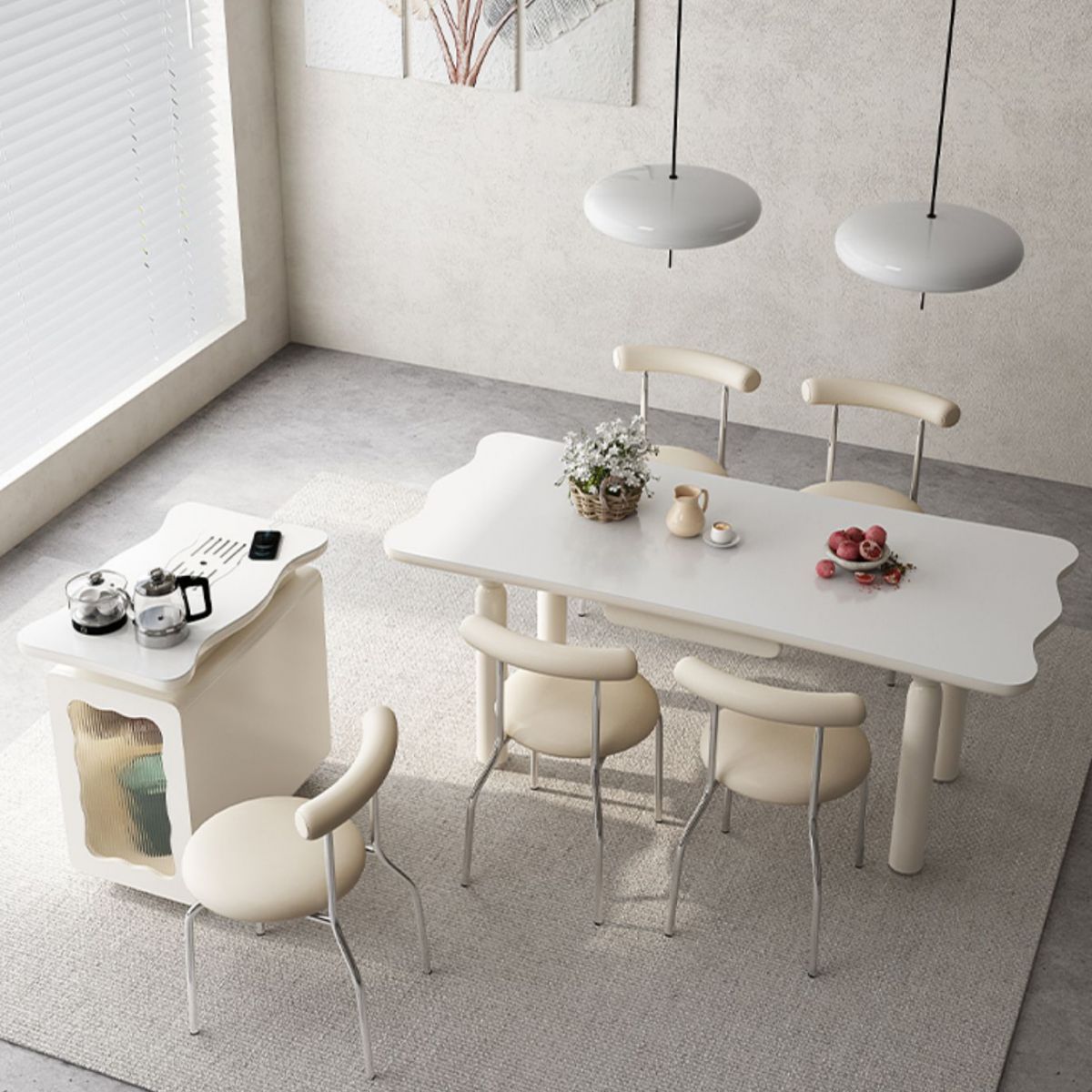 White Rectangle Dining Table Stone and Solid Wood Dining Table with 4 Legs