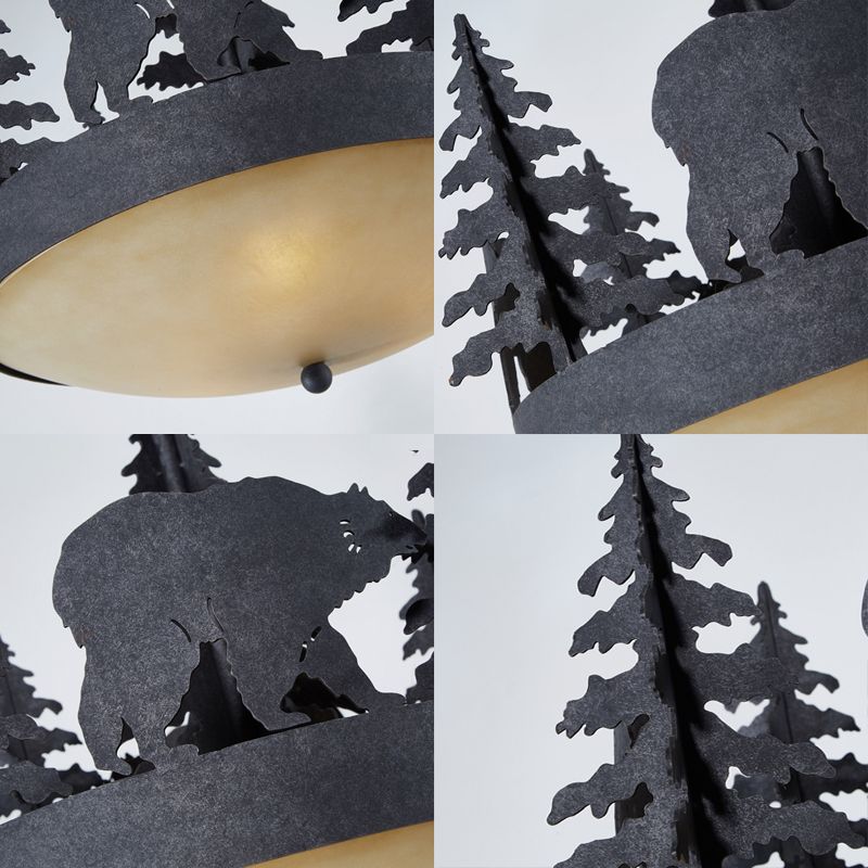 Frosted Glass Bowl Hanging Chandelier Country 3 Lights Living Room Pendant Light in Black with Tree and Bear