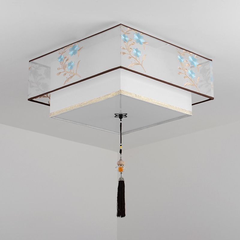 Wrought Iron White Ceiling Light in Traditional Unique Style Geometric Indoor Flush Mount with Embroidered Fabric Shade