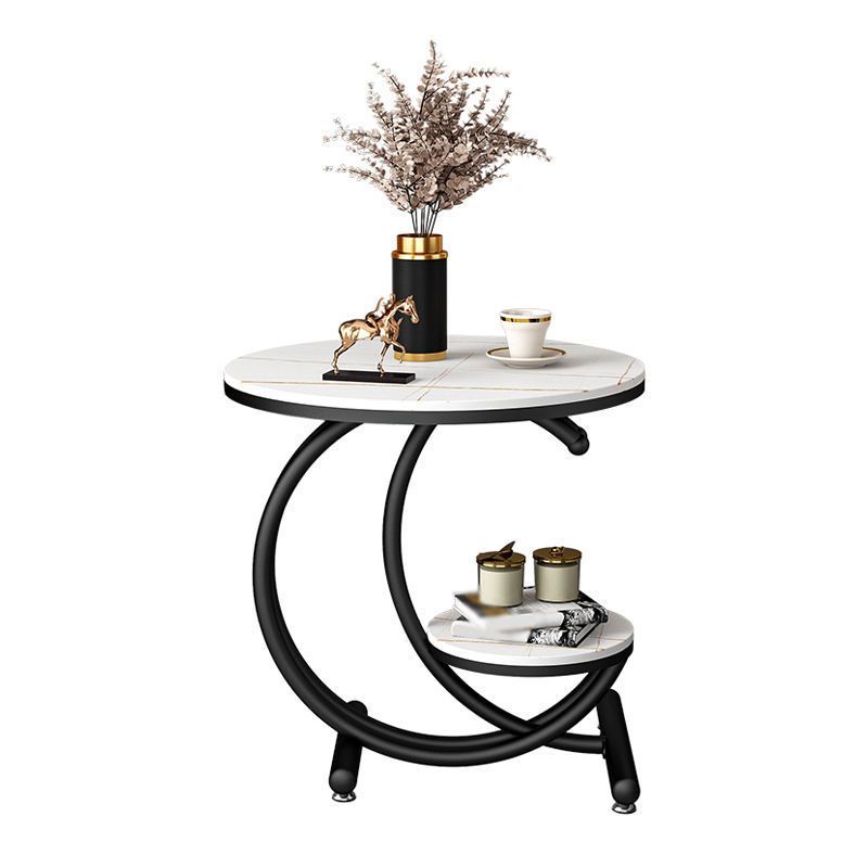 Modern Metal Black/Gold C Side Table Slate Round End Table with Storage