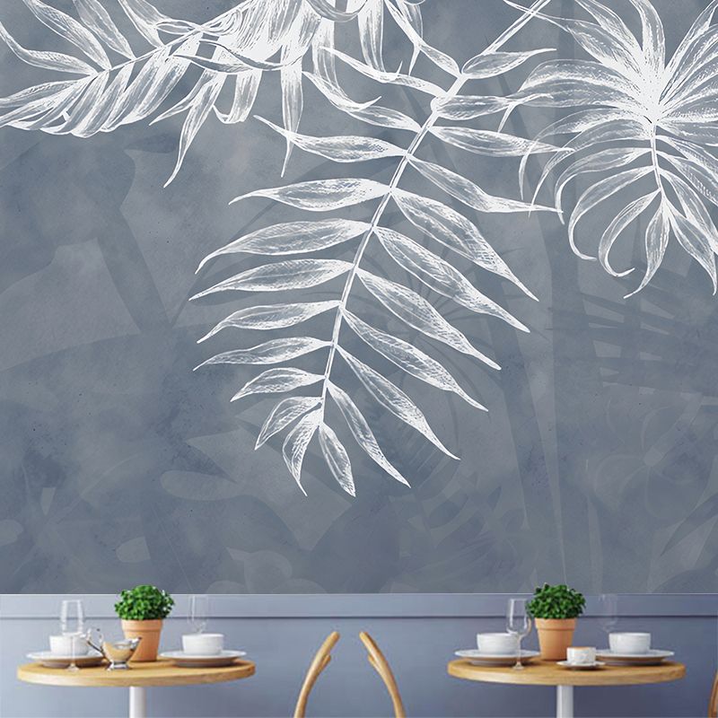 Nordic Leaves Wall Mural in Grey and White, Minimalist Wall Covering for Accent Wall
