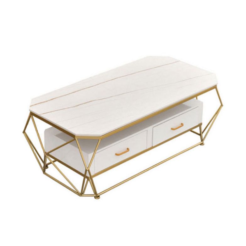 Slate Rectangular Coffee Table Golden Frame Abstract Cocktail Table with Drawer